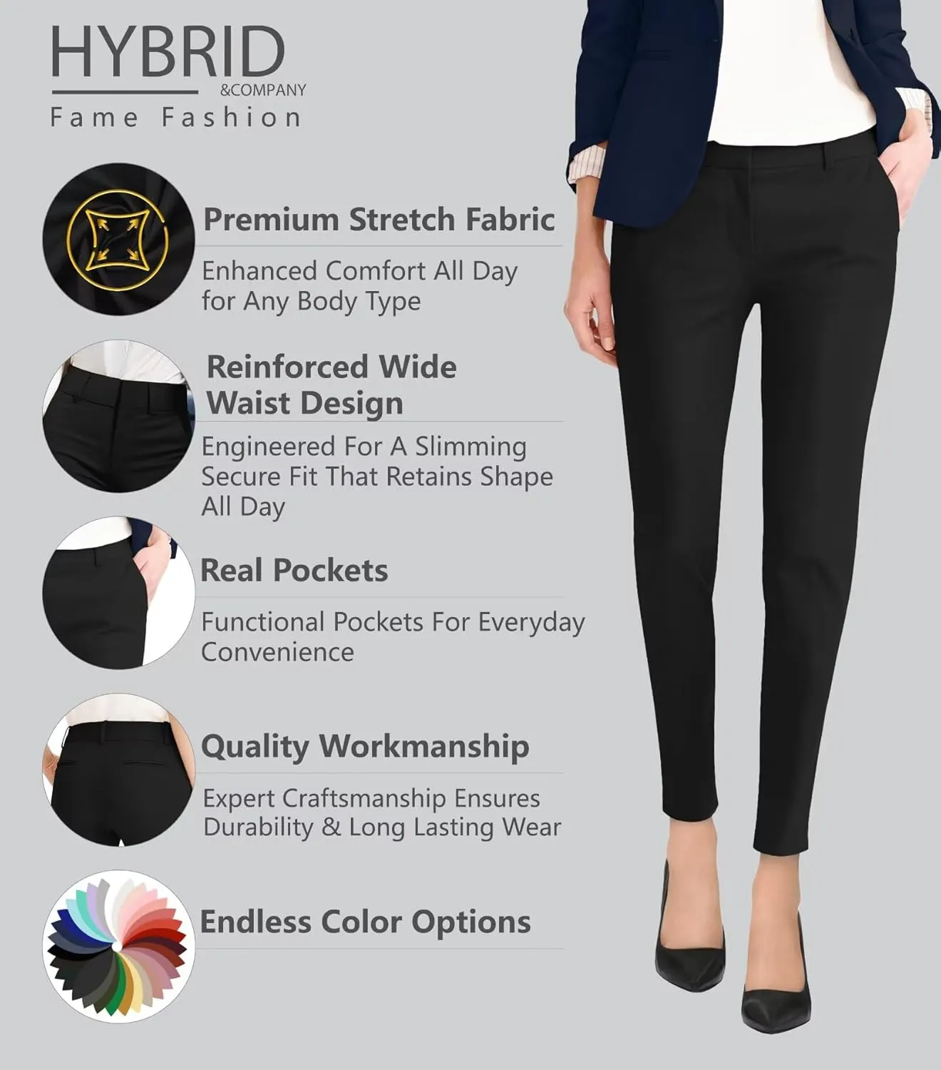 Hybrid & Company Womens Ultra Comfy Stretch Slim Fit Trousers Chino Pants with Pocket