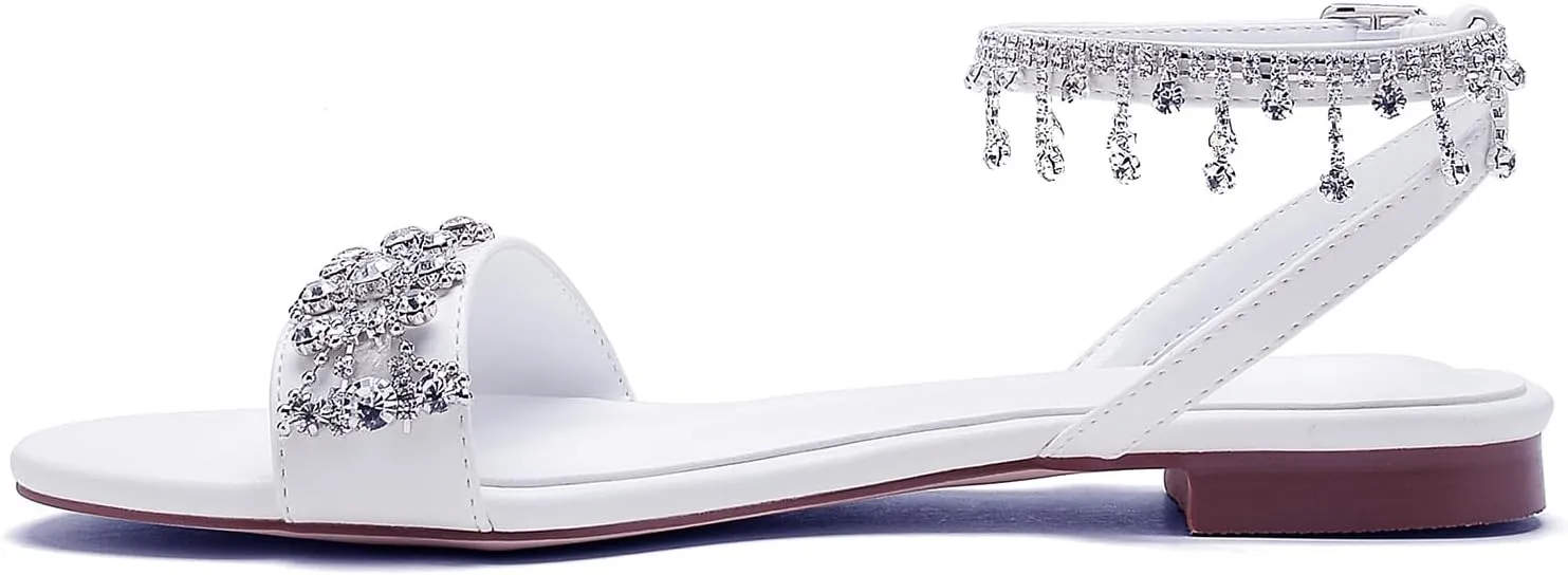 Hyinlays Women's Casual Dresssy Wedding Sandals for Bride Comfy Dress Summer Shoes Rhinestone Open Toe Flat Sandals for Summer Wedding