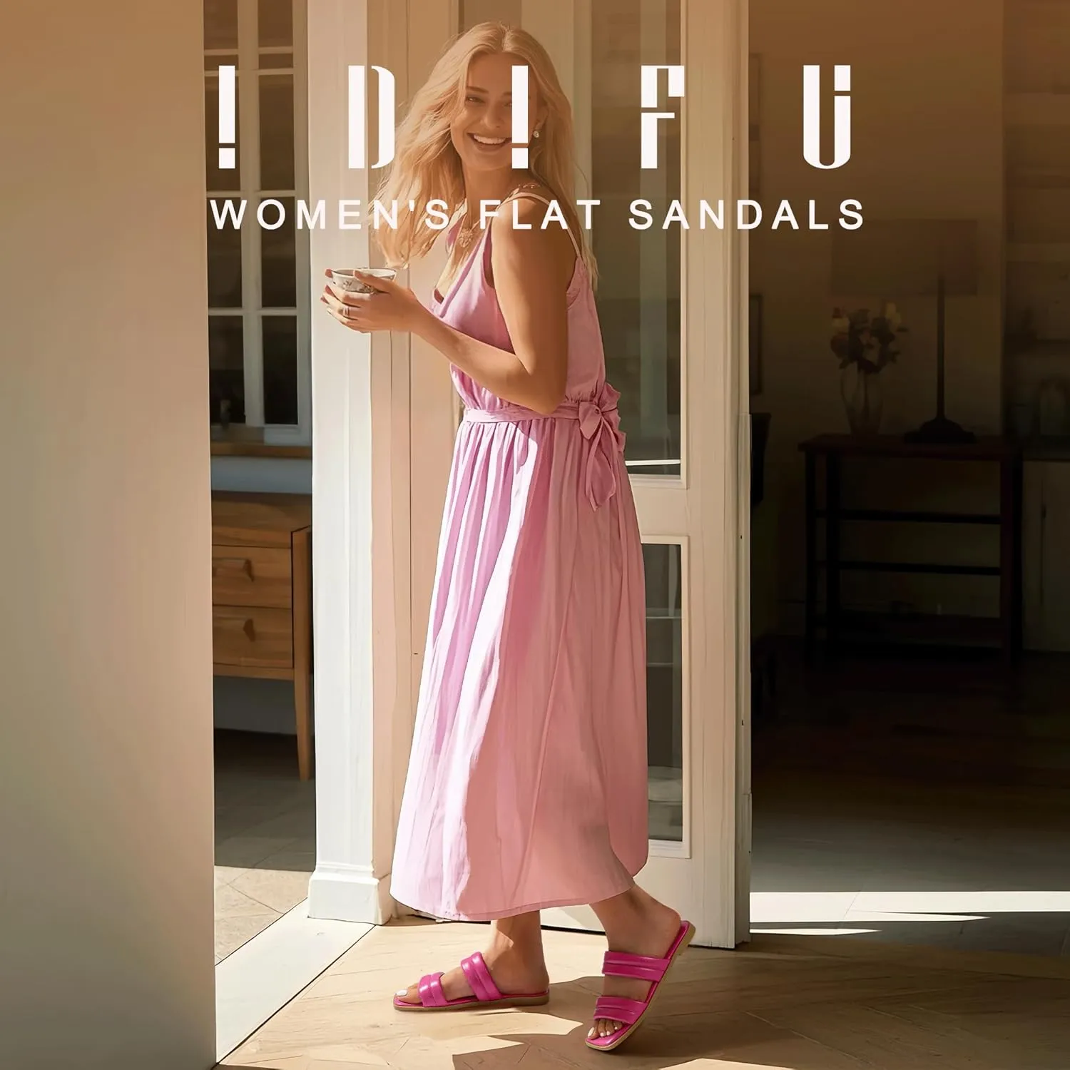 IDIFU Women's Flat Sandals for Women Square Open Toe Two Soft Band Slip On Summer Comfortable Dressy Slide Beach Casual Wedding Dress Sandals