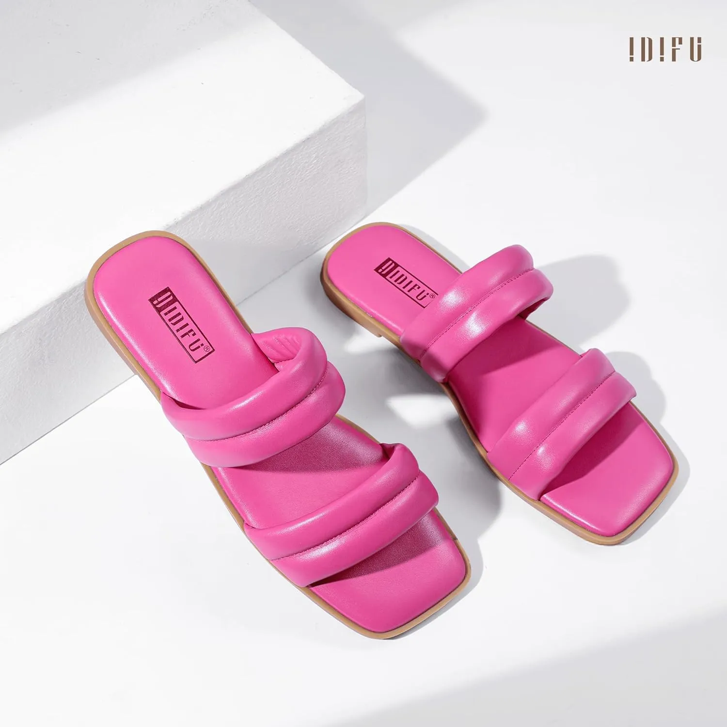 IDIFU Women's Flat Sandals for Women Square Open Toe Two Soft Band Slip On Summer Comfortable Dressy Slide Beach Casual Wedding Dress Sandals