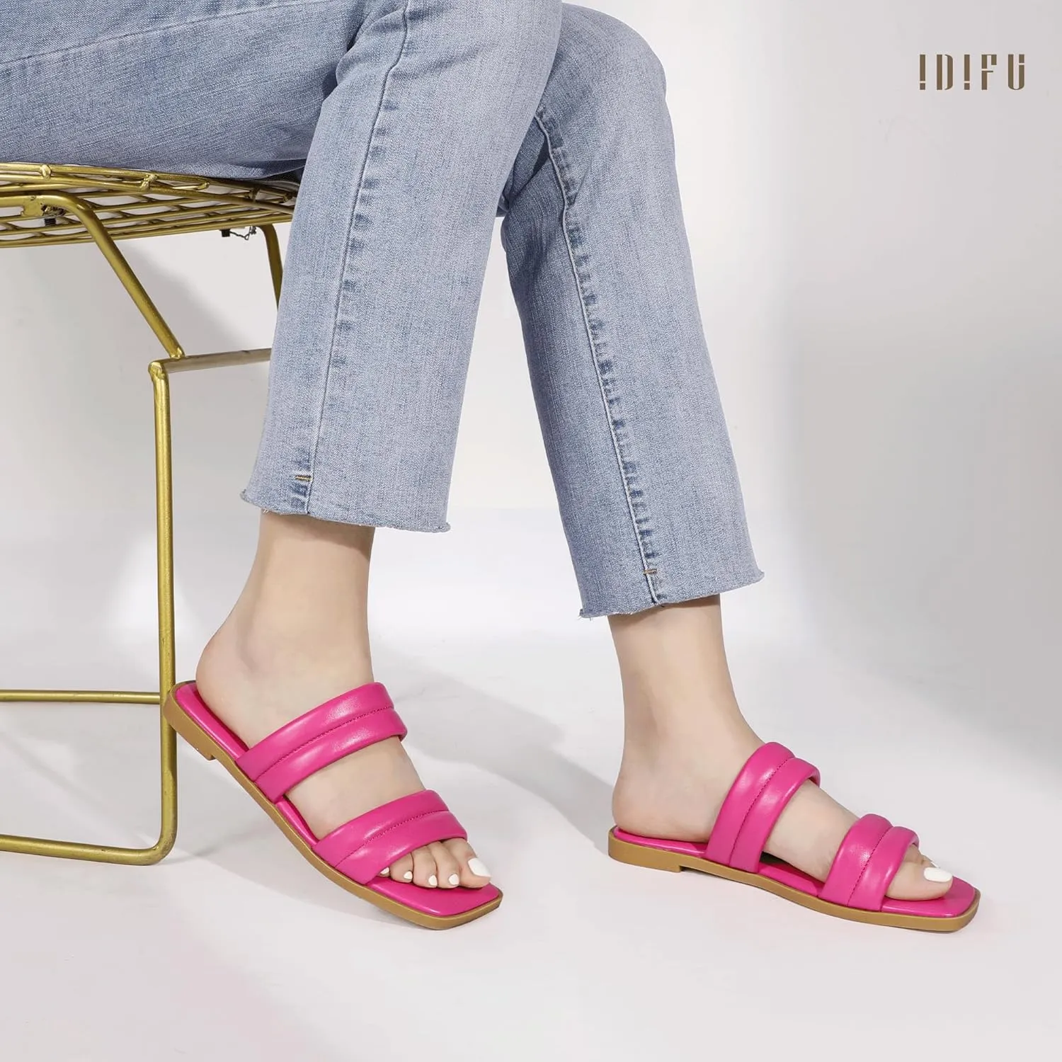 IDIFU Women's Flat Sandals for Women Square Open Toe Two Soft Band Slip On Summer Comfortable Dressy Slide Beach Casual Wedding Dress Sandals