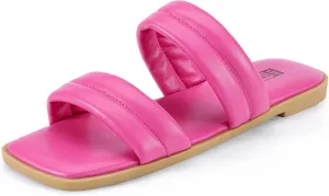 IDIFU Women's Flat Sandals for Women Square Open Toe Two Soft Band Slip On Summer Comfortable Dressy Slide Beach Casual Wedding Dress Sandals