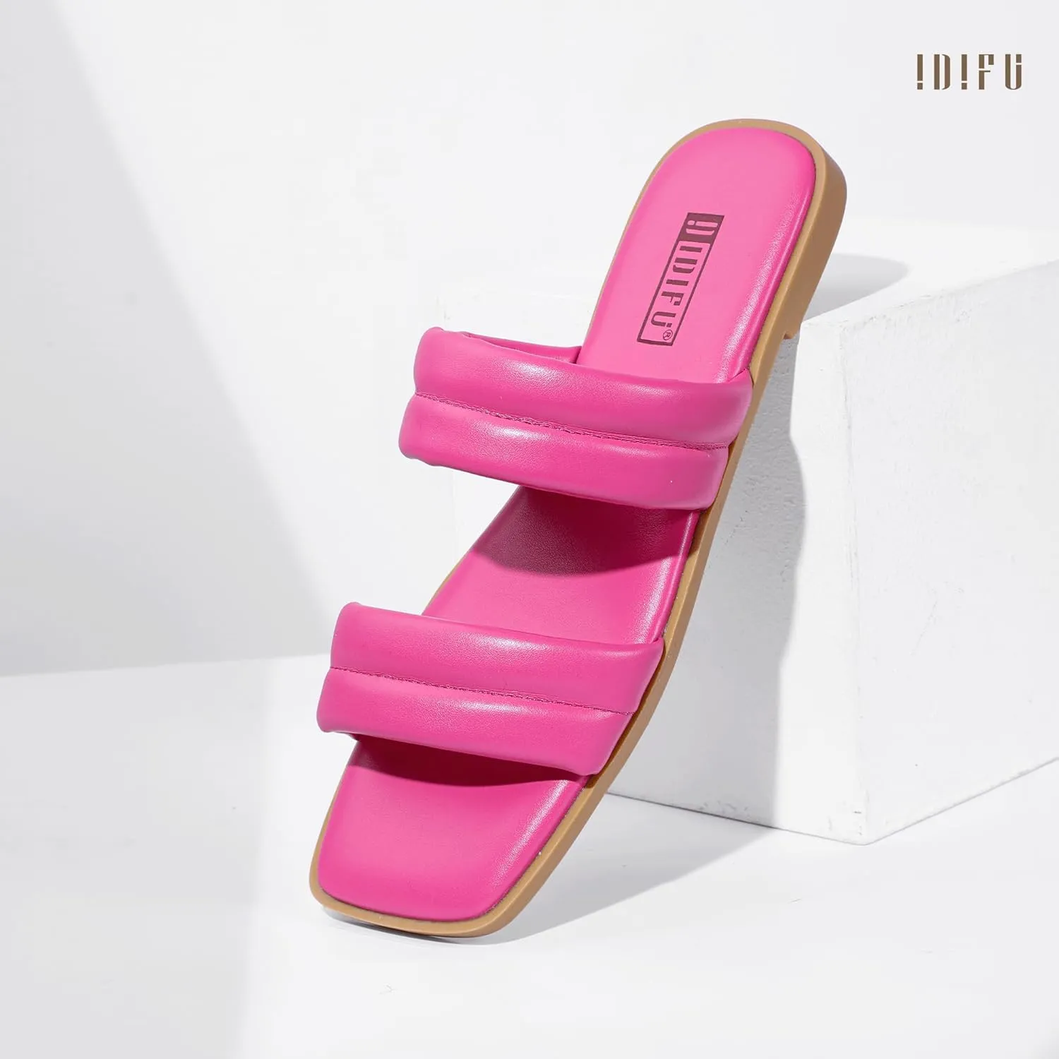 IDIFU Women's Flat Sandals for Women Square Open Toe Two Soft Band Slip On Summer Comfortable Dressy Slide Beach Casual Wedding Dress Sandals