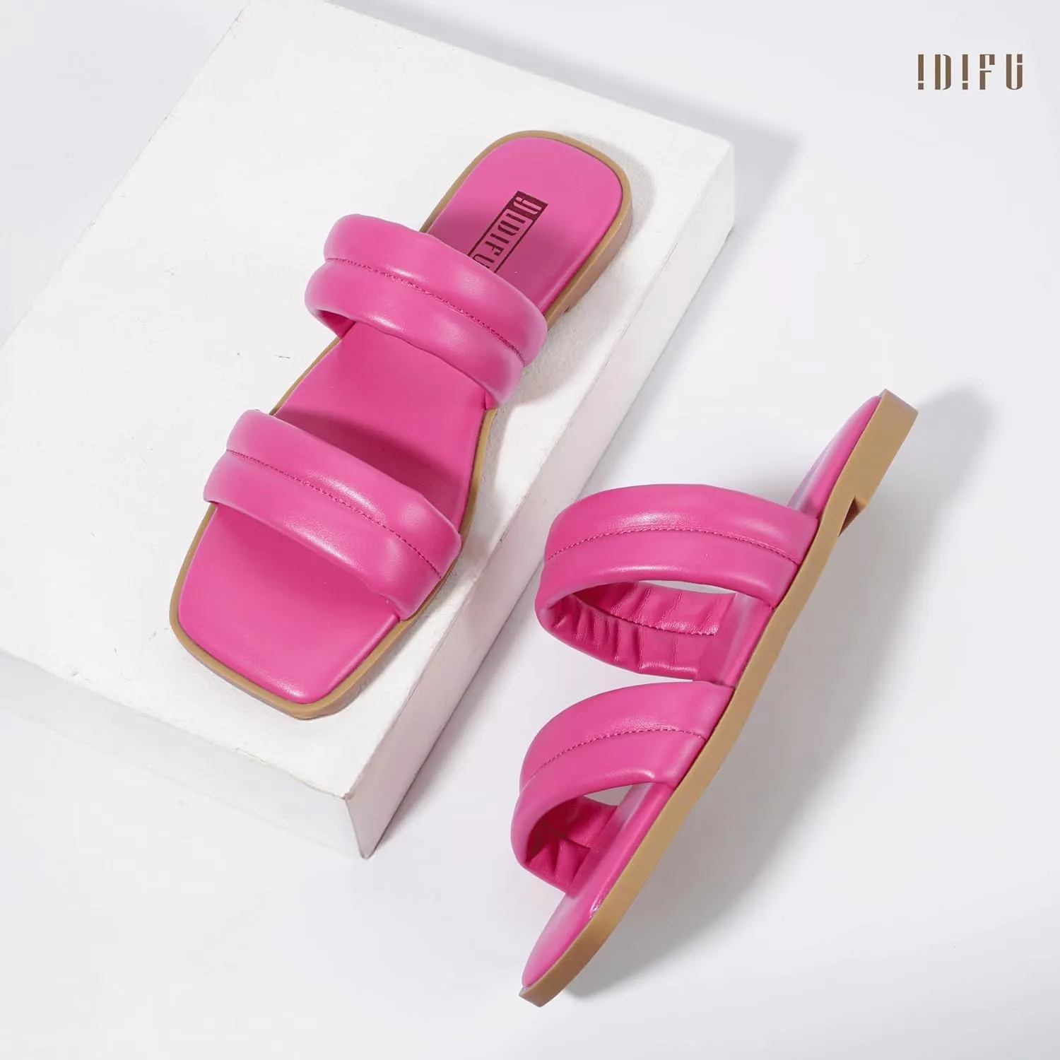 IDIFU Women's Flat Sandals for Women Square Open Toe Two Soft Band Slip On Summer Comfortable Dressy Slide Beach Casual Wedding Dress Sandals