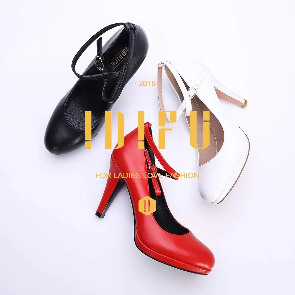 IDIFU Women's Tracy Platform High Heels Closed Toe Pumps Strappy Cross Ankle Strap Shoes for Casual Work Wedding