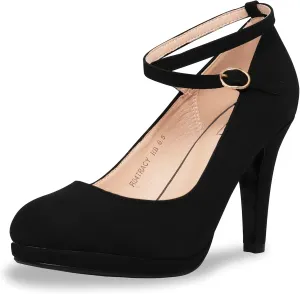 IDIFU Women's Tracy Platform High Heels Closed Toe Pumps Strappy Cross Ankle Strap Shoes for Casual Work Wedding