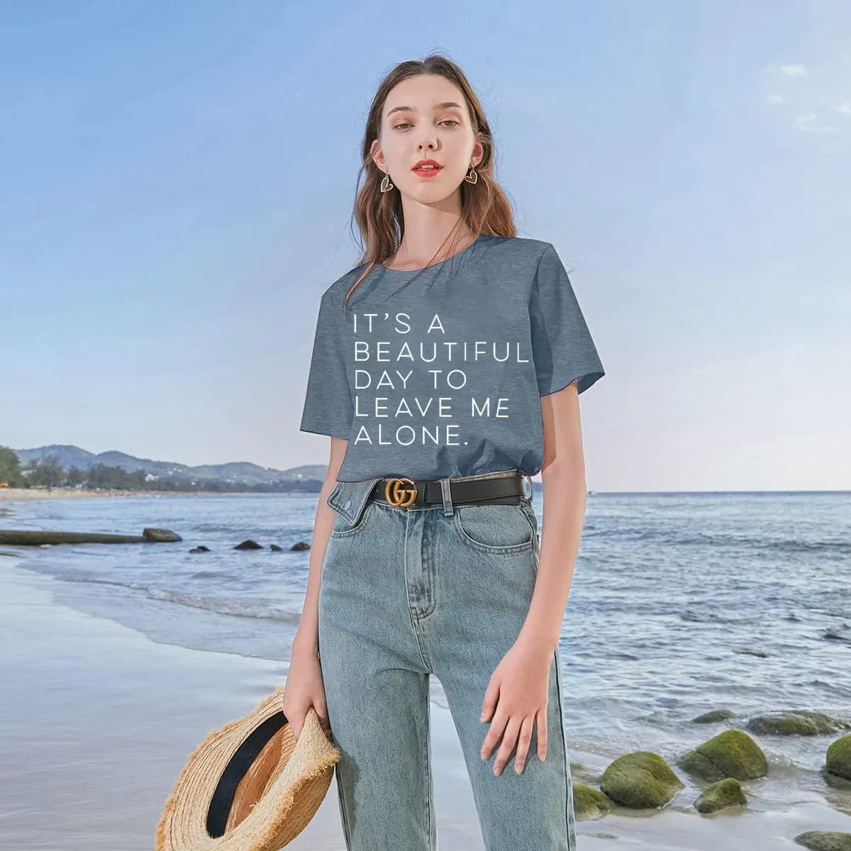 It's A Beautiful Day to Leave Me Alone Cute Summer Funny Saying Letter Print T Shirts for Women Graphic Tee Tops