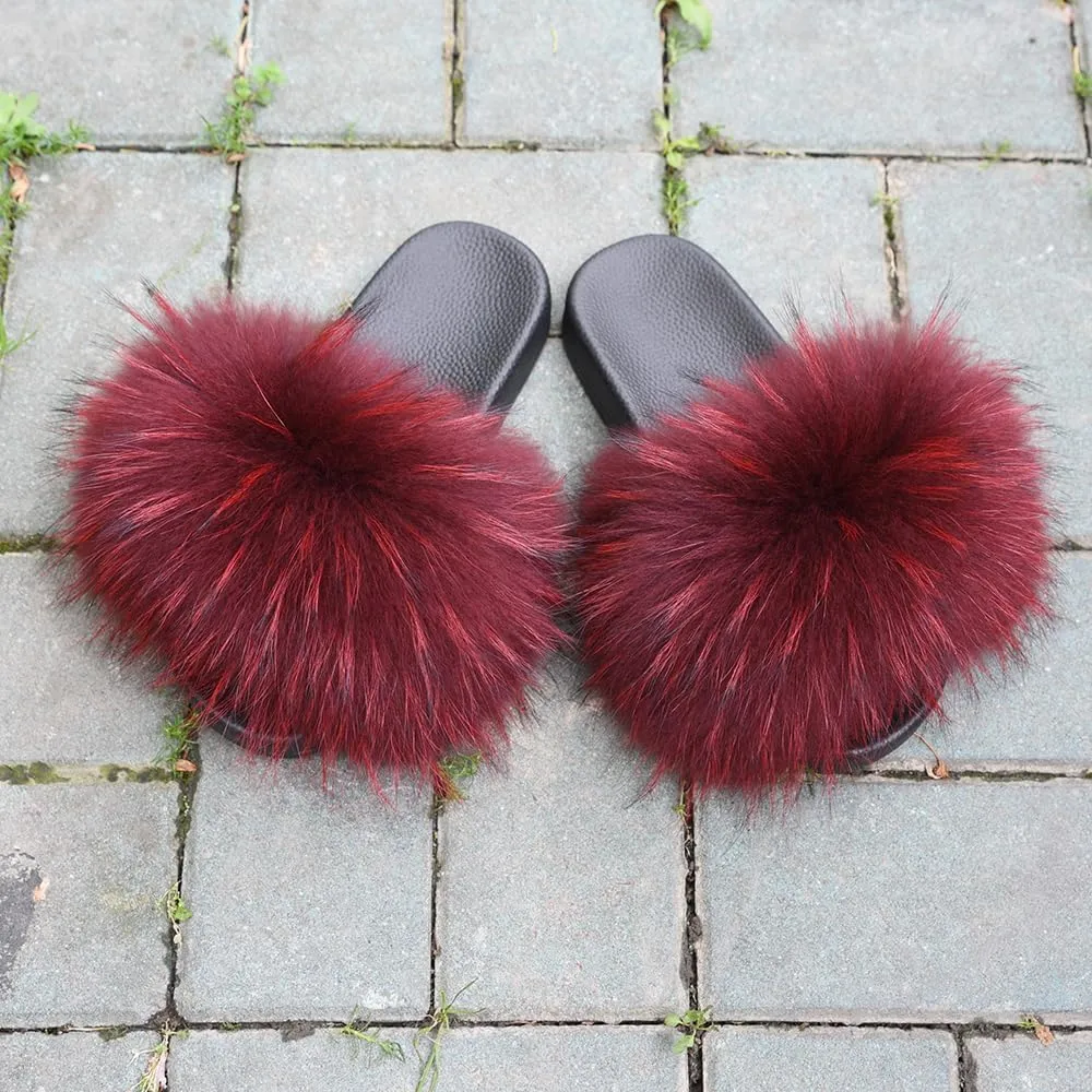 Jancoco Max Womens Fur Sliders Slippers Raccoon Fur Furry Slides Fashion Flat Soft Open Toe Fluffy Sandals