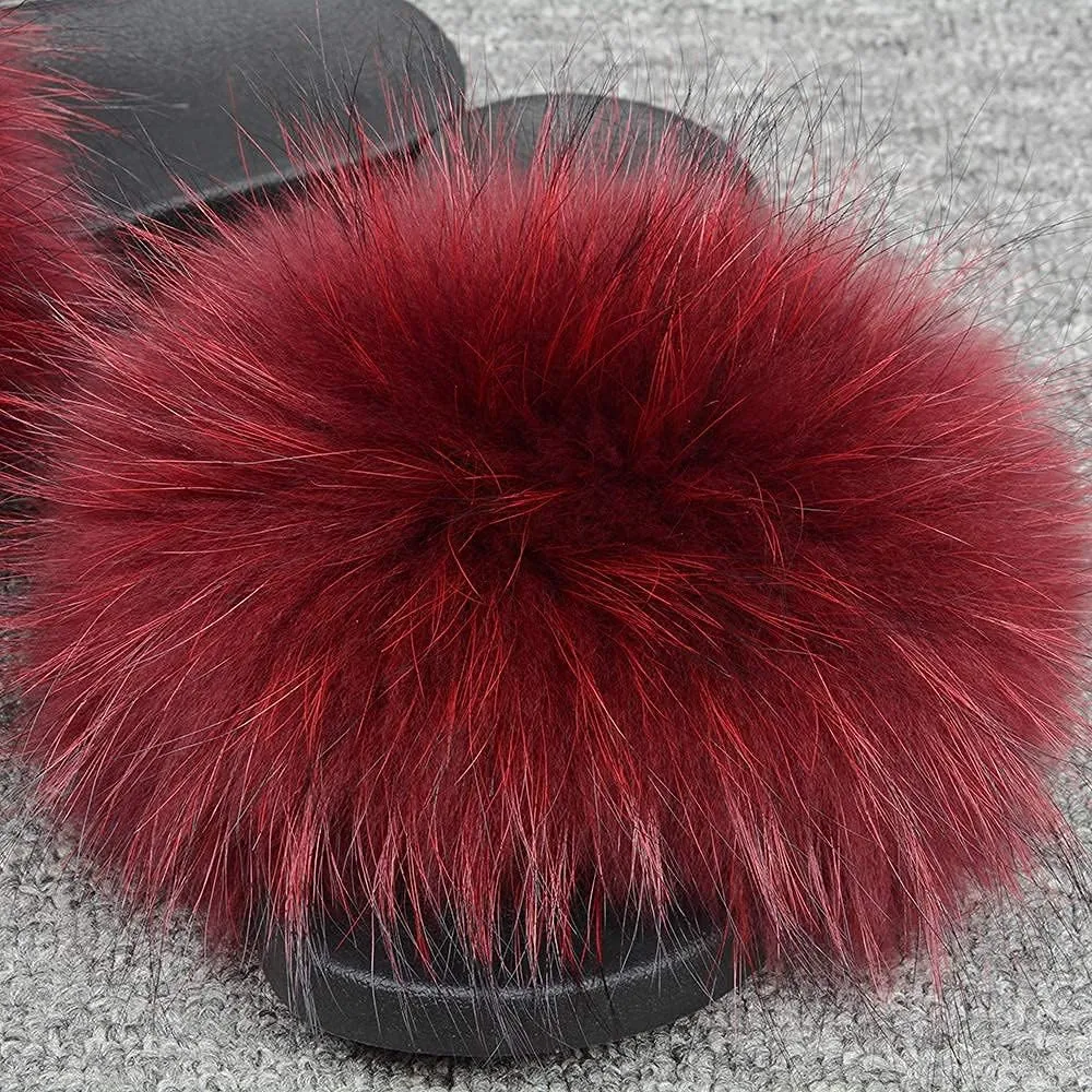 Jancoco Max Womens Fur Sliders Slippers Raccoon Fur Furry Slides Fashion Flat Soft Open Toe Fluffy Sandals