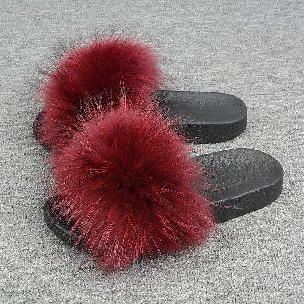 Jancoco Max Womens Fur Sliders Slippers Raccoon Fur Furry Slides Fashion Flat Soft Open Toe Fluffy Sandals