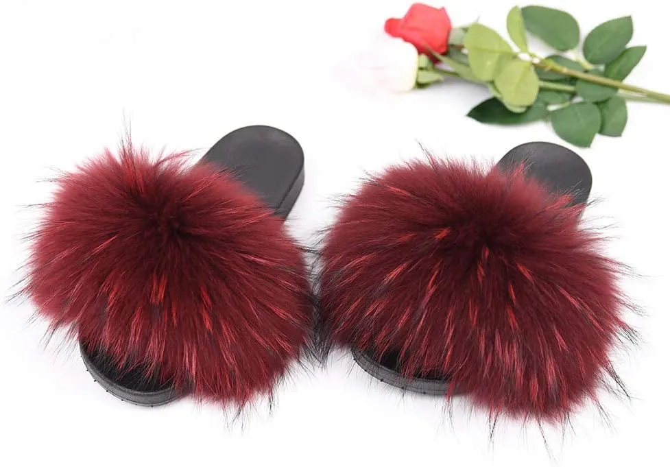 Jancoco Max Womens Fur Sliders Slippers Raccoon Fur Furry Slides Fashion Flat Soft Open Toe Fluffy Sandals