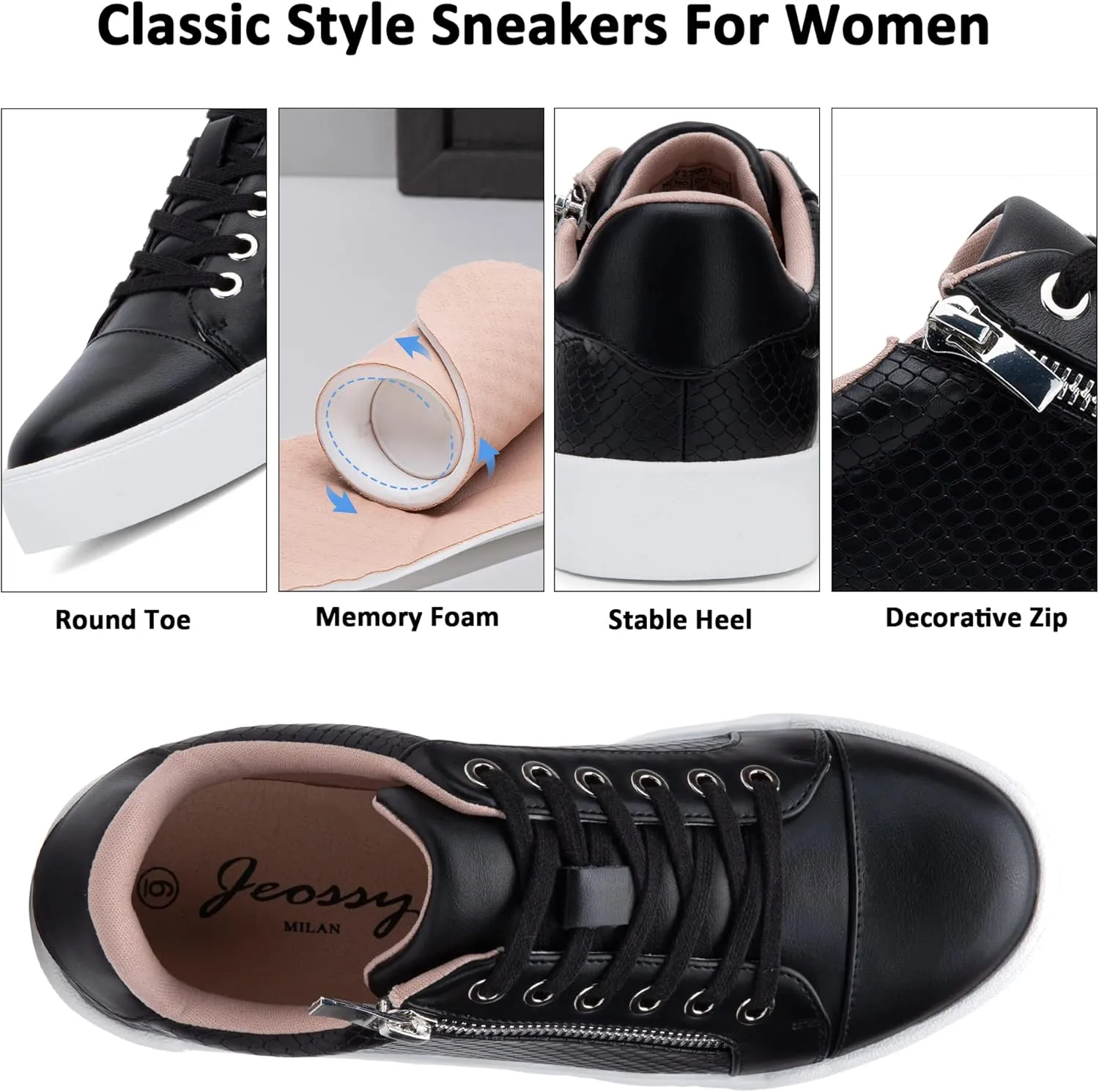 Jeossy Women's Flat Low Top Casual Fashion Sneakers Round Toe Shoes with Zipper