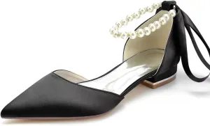 JOEupin Women Pointed Toe Pearl Wedding Flats Satin Flat Bridal Shoes for Bride Prom Evening Bridal Party Dress Flats