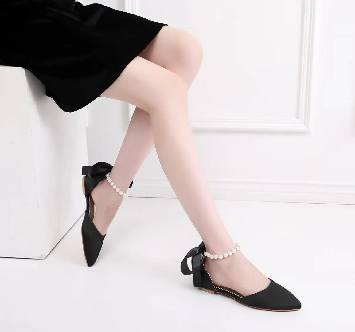 JOEupin Women Pointed Toe Pearl Wedding Flats Satin Flat Bridal Shoes for Bride Prom Evening Bridal Party Dress Flats