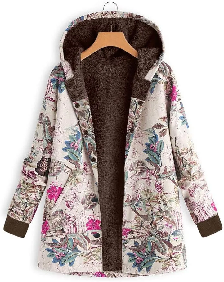 JOFOW Womens Jackets Coats Boho Flowers leaves Floral Print Fleece Lined Hooded Warm Loose Winter Plus Size