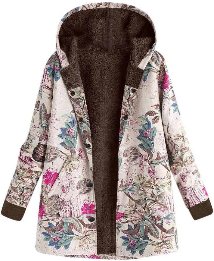 JOFOW Womens Jackets Coats Boho Flowers leaves Floral Print Fleece Lined Hooded Warm Loose Winter Plus Size
