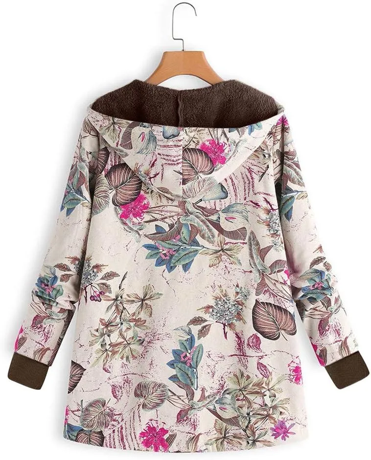 JOFOW Womens Jackets Coats Boho Flowers leaves Floral Print Fleece Lined Hooded Warm Loose Winter Plus Size