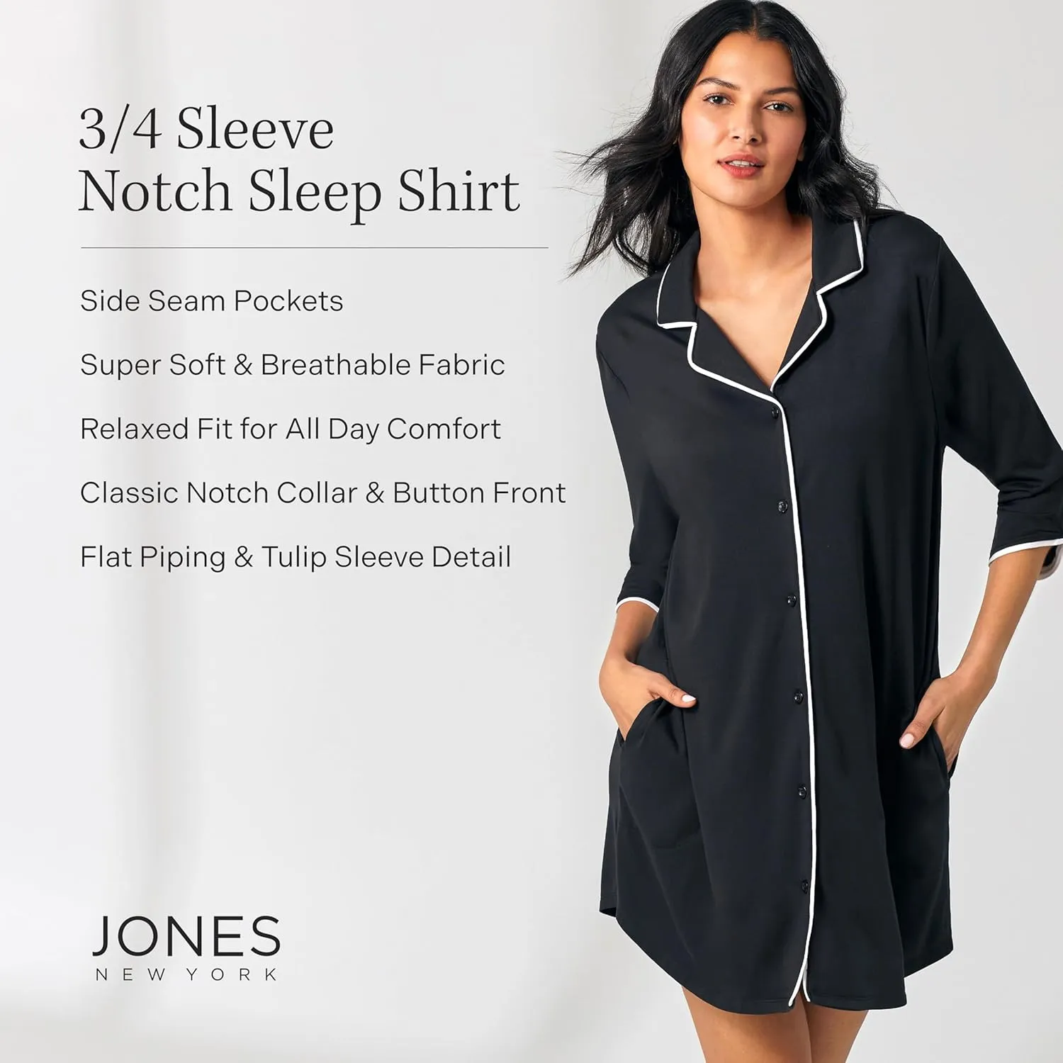 Jones New York Womens Sleepwear 3/4 Sleeve Button Down Sleepshirt Dress Nightgown