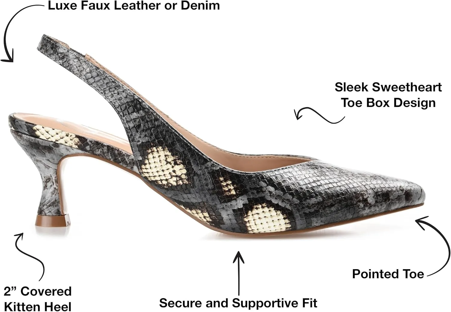 Journee Womens Low Kitten Heel Slingback Closed Pointed Toe Pump Slip On Snake Print Mikoa Slides