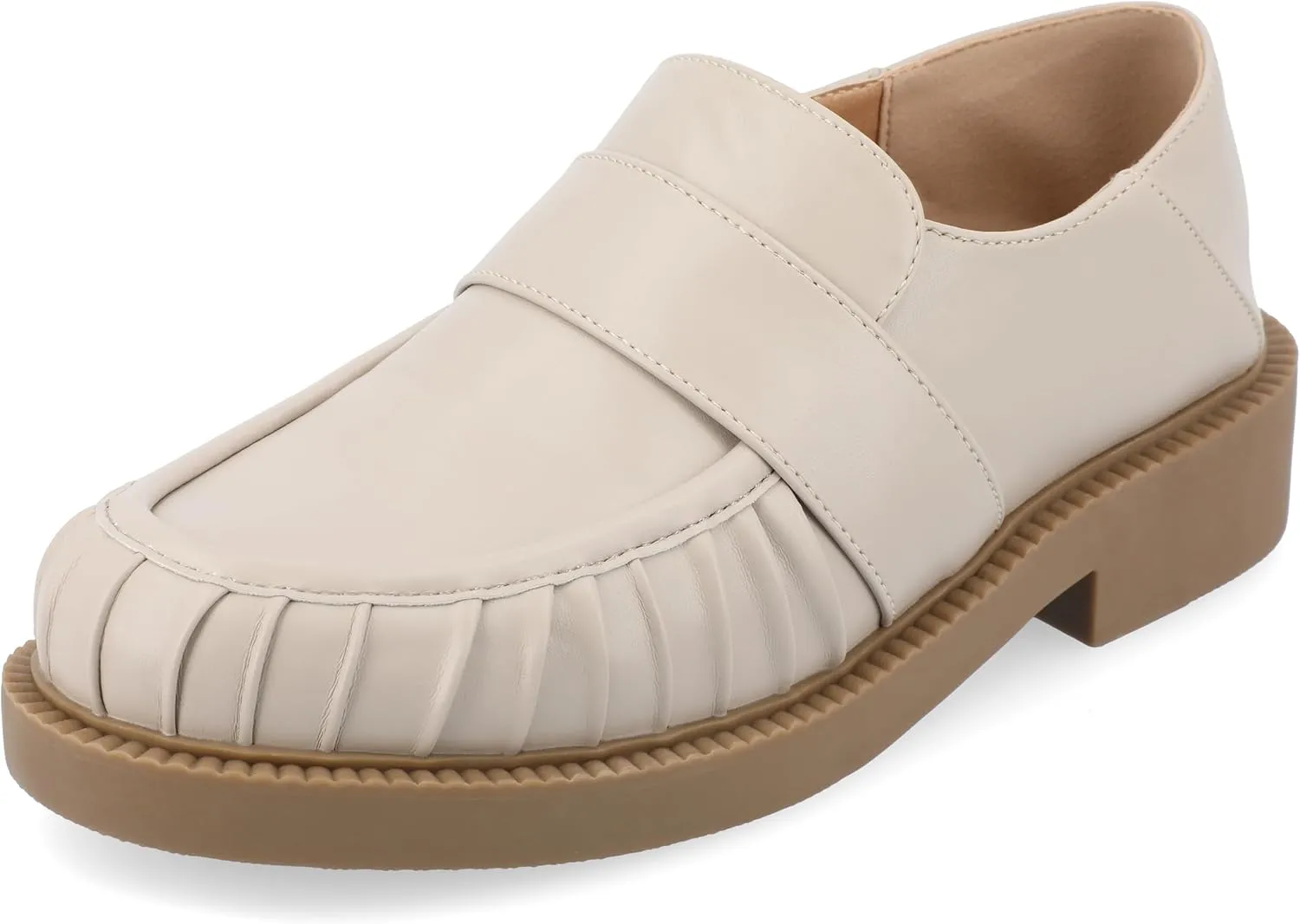 Journee Womens Ruched Lakenn Comfort Foam Slip On Closed Round Toe Crash Back Block Heel Loafer Flats Stone, 11