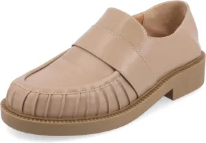 Journee Womens Ruched Lakenn Comfort Foam Slip On Closed Round Toe Crash Back Block Heel Loafer Flats Taupe, 9.5