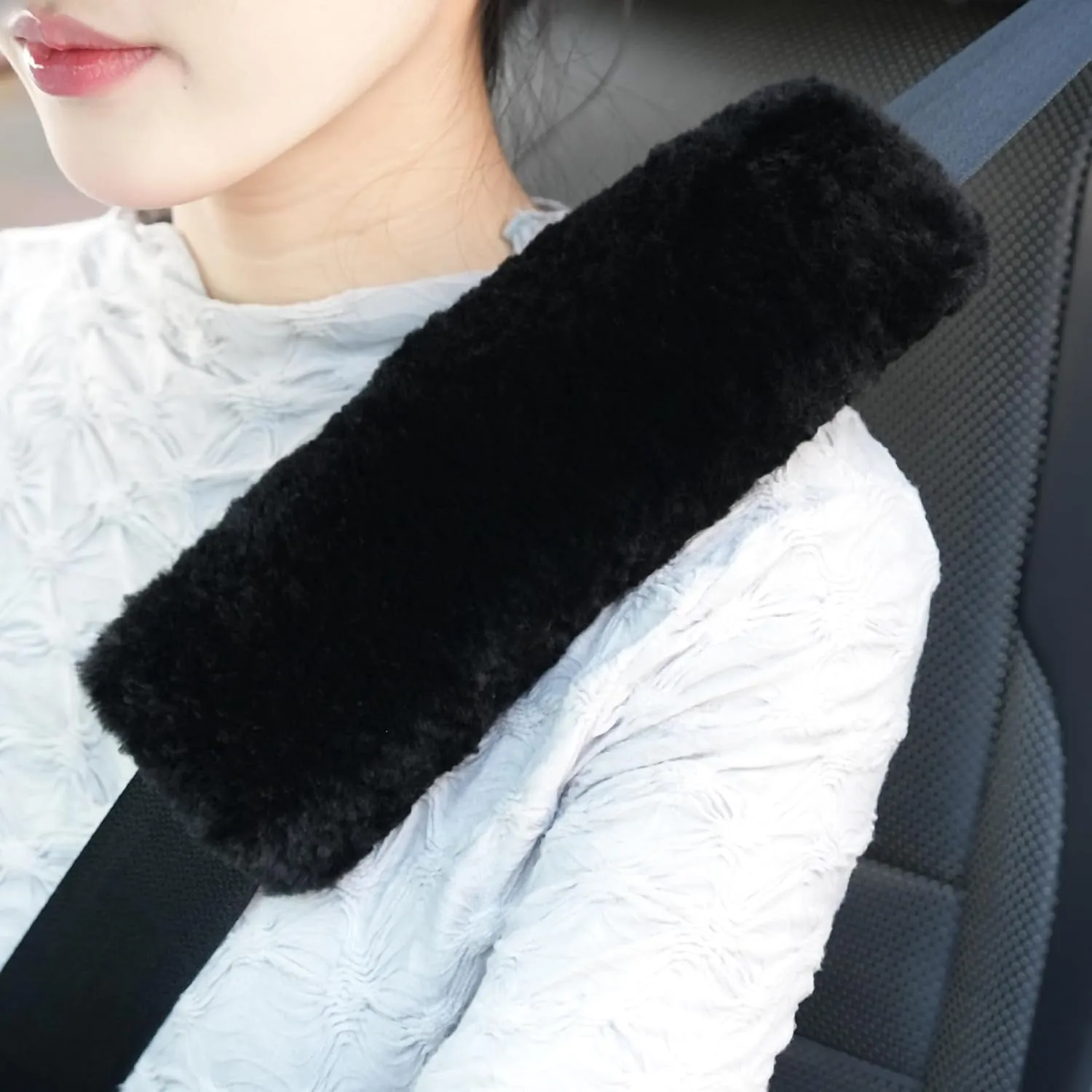 JUSTTOP 2-Pack Soft Faux Sheepskin Car Seat Belt Shoulder Pads Cover for More Comfortable Driving(Black)