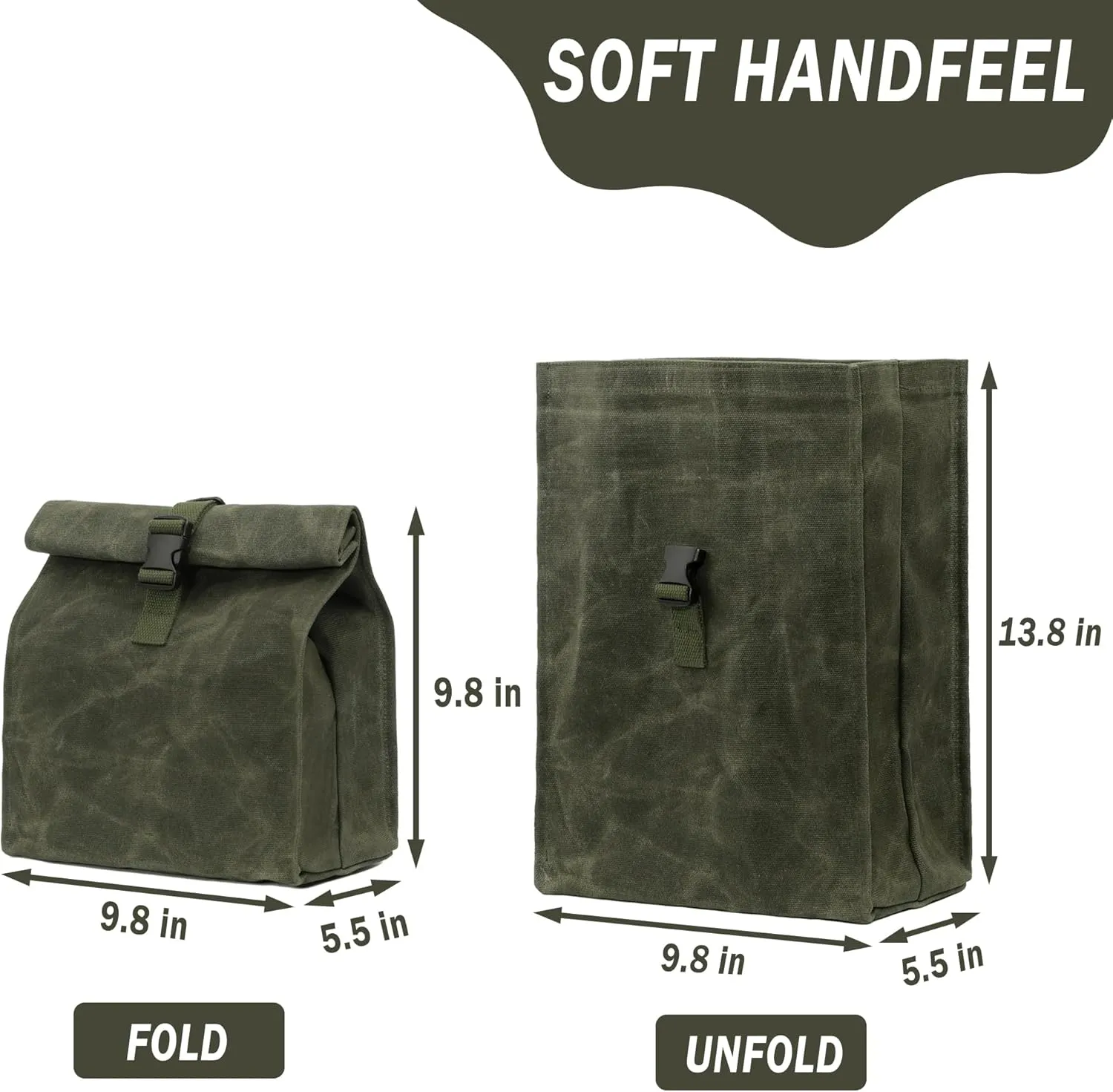 Kaaltisy Sustainable Waxed Canvas Lunch Bags Eco-friendly Reusable Lunch Box with Adjustable Buckle for Men Women, Green, Soft Handfeel