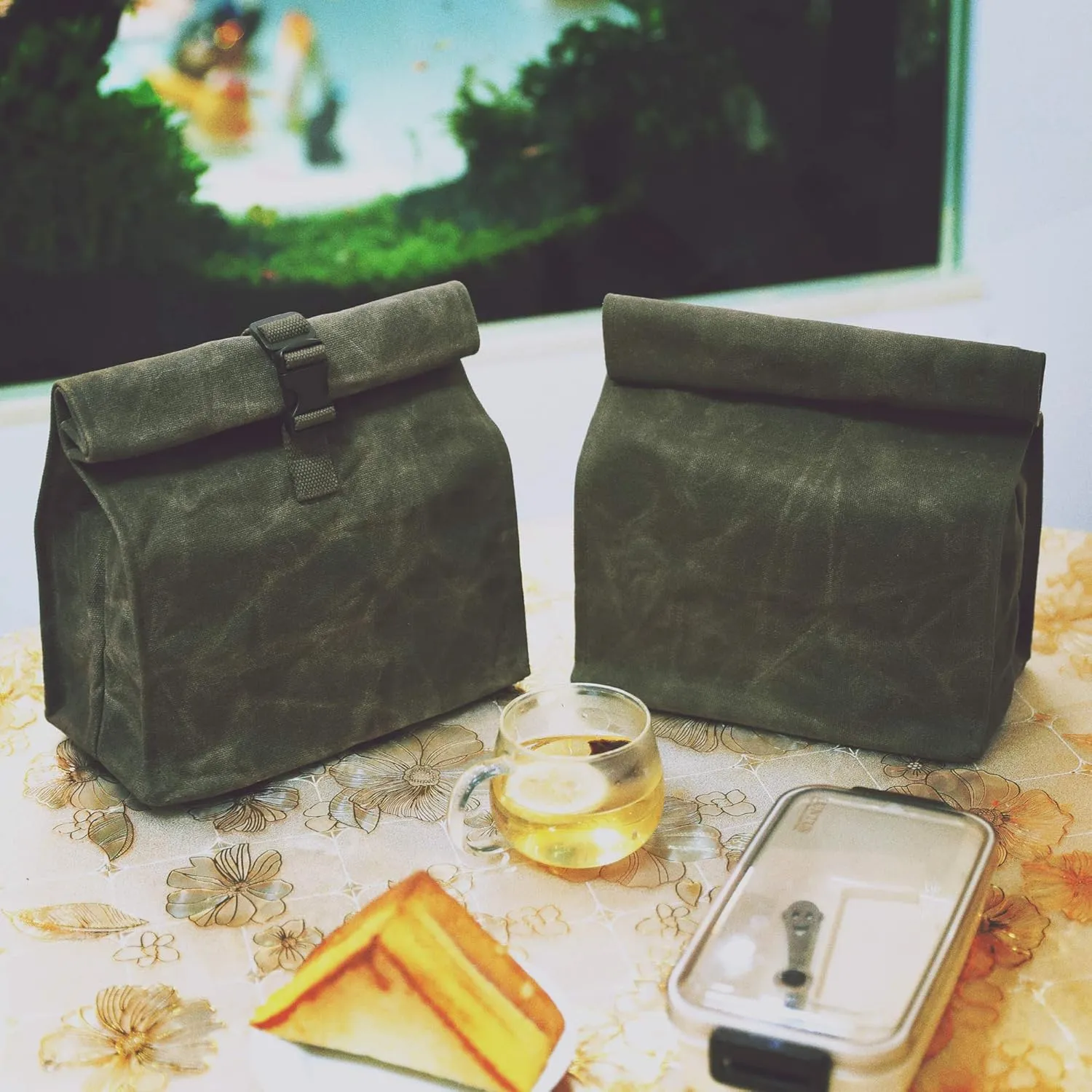 Kaaltisy Sustainable Waxed Canvas Lunch Bags Eco-friendly Reusable Lunch Box with Adjustable Buckle for Men Women, Green, Soft Handfeel