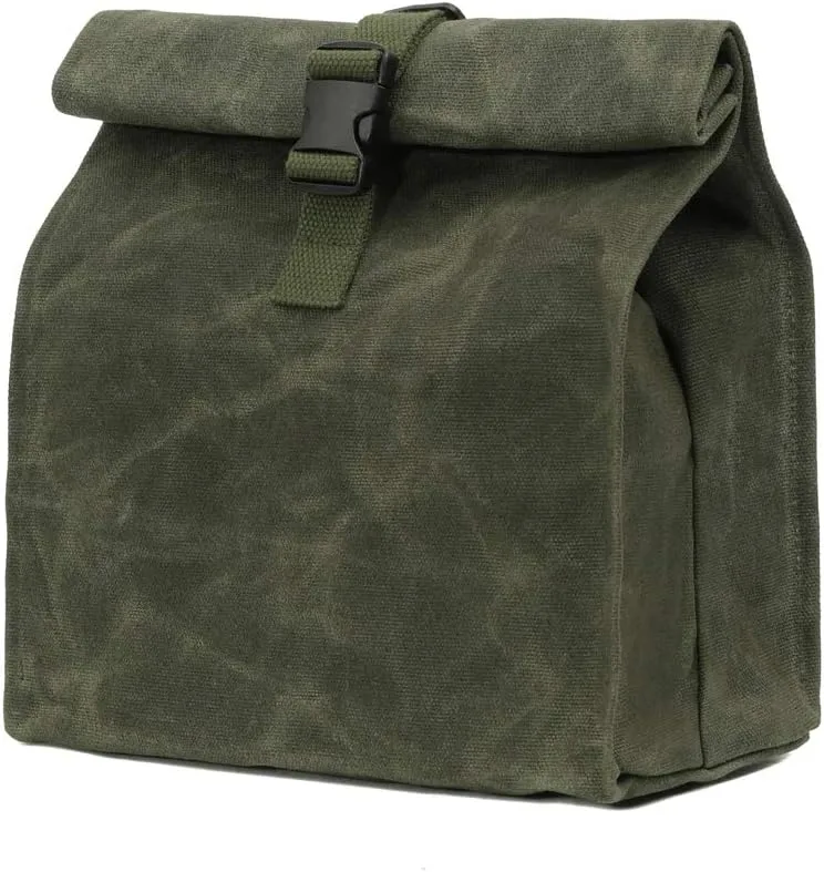 Kaaltisy Sustainable Waxed Canvas Lunch Bags Eco-friendly Reusable Lunch Box with Adjustable Buckle for Men Women, Green, Soft Handfeel