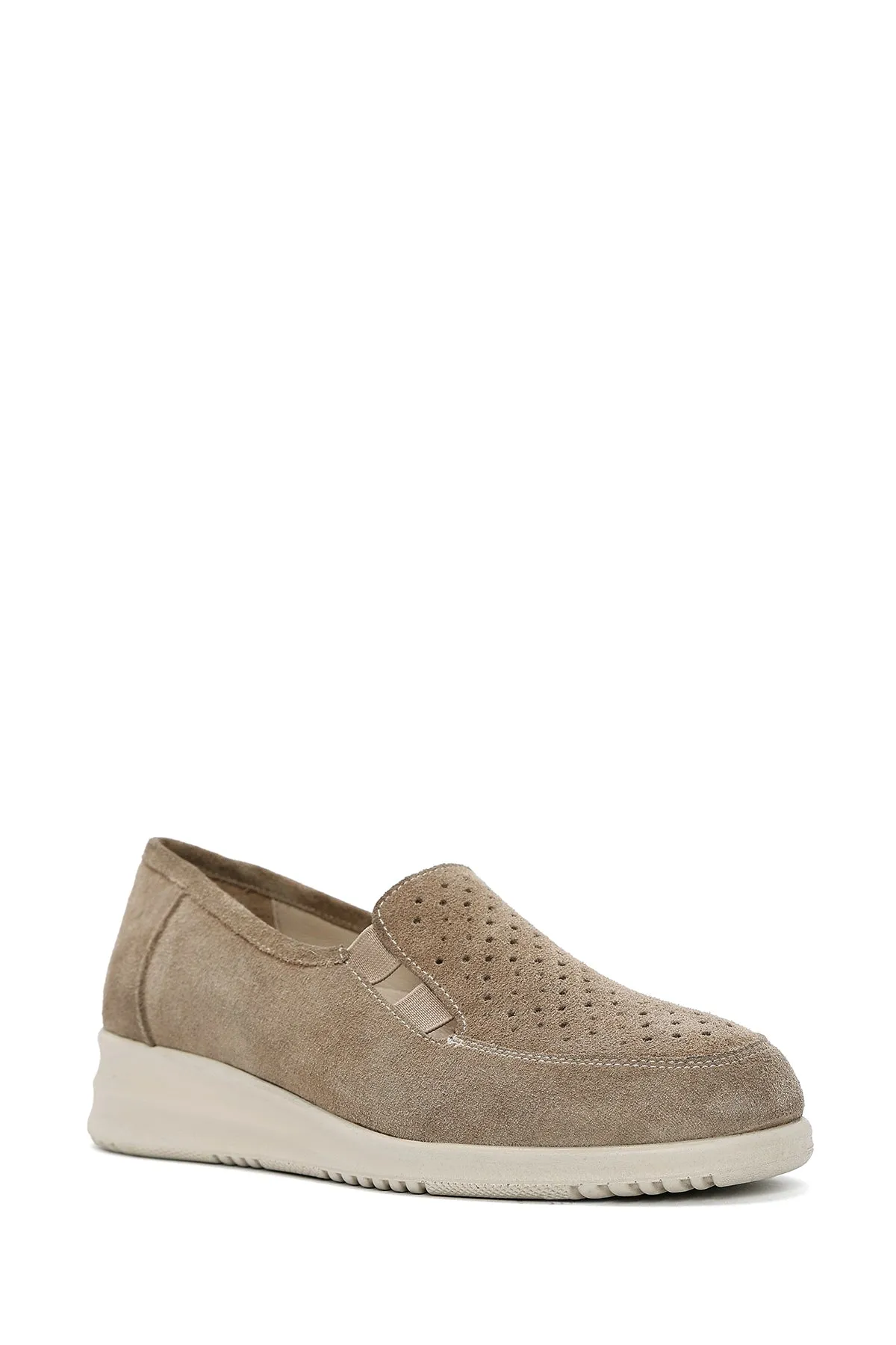 Kadın Bej Dolgu Topuklu Süet Deri Comfort Loafer
