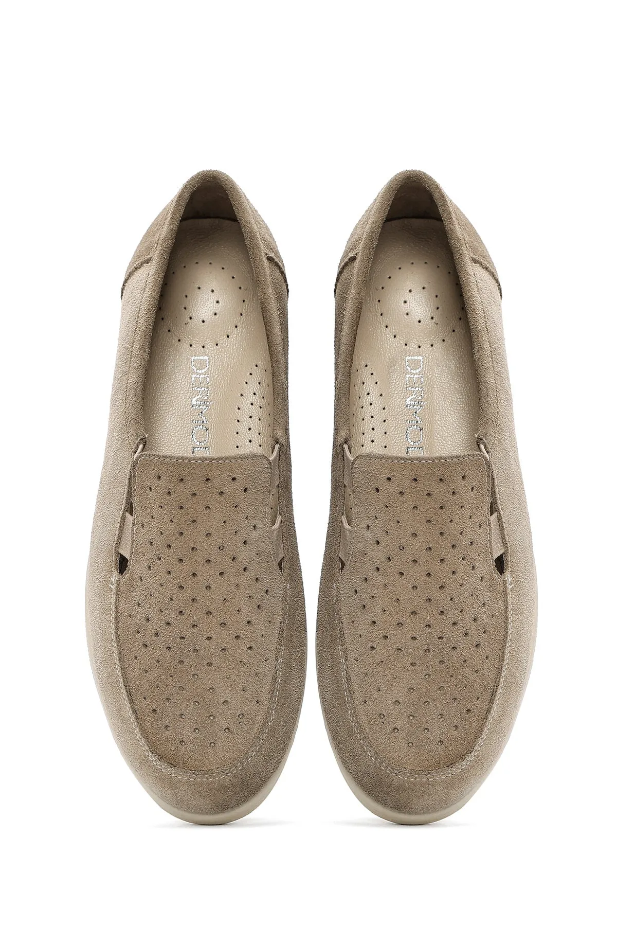 Kadın Bej Dolgu Topuklu Süet Deri Comfort Loafer