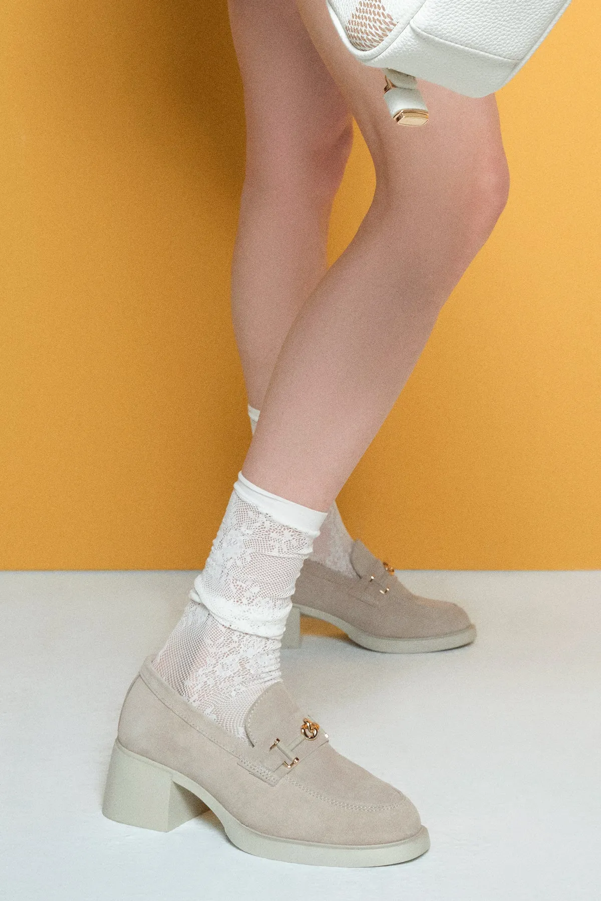 Kadın Bej Tokalı Kalın Topuklu Süet Deri Maskülen Loafer