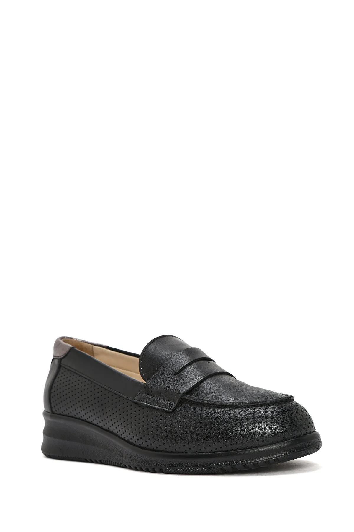 Kadın Siyah Dolgu Topuklu Deri Comfort Loafer