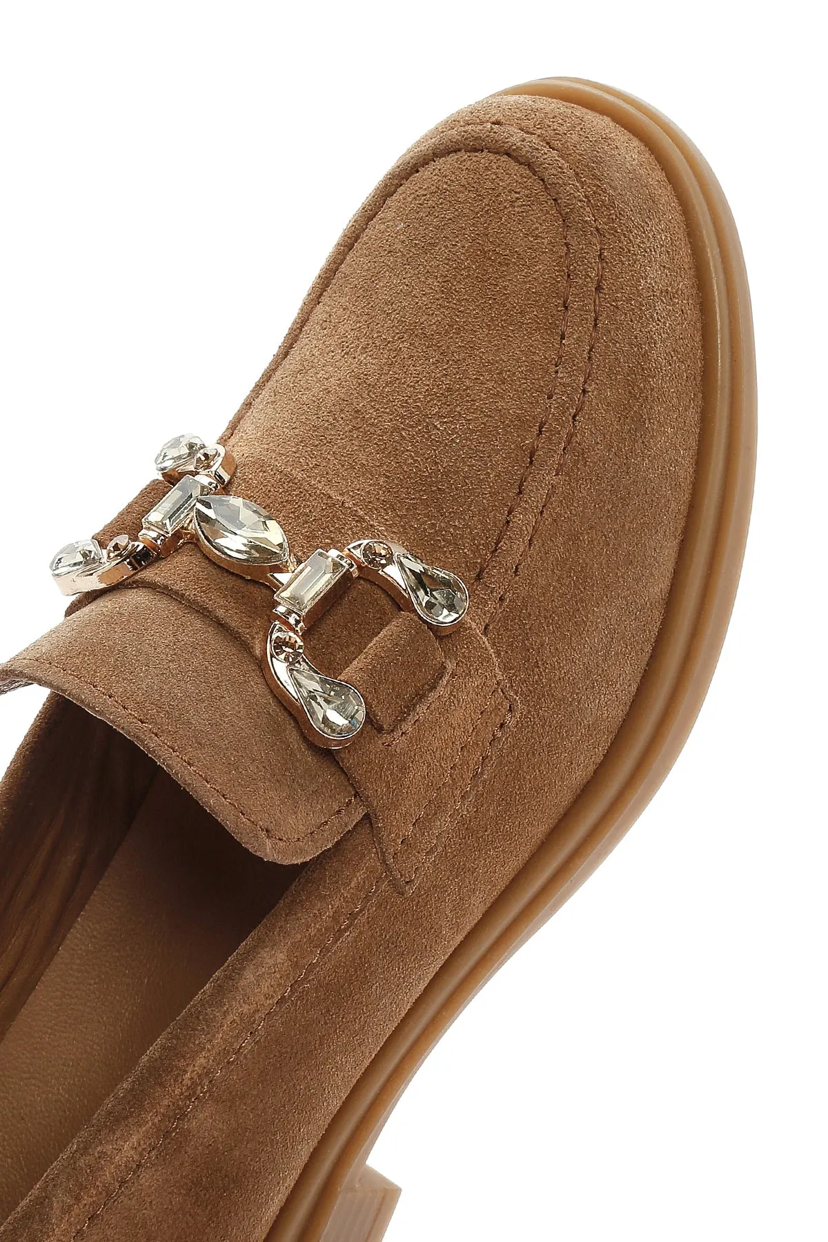 Kadın Taba Taşlı Süet Deri Maskülen Loafer