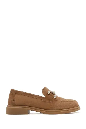 Kadın Taba Taşlı Süet Deri Maskülen Loafer