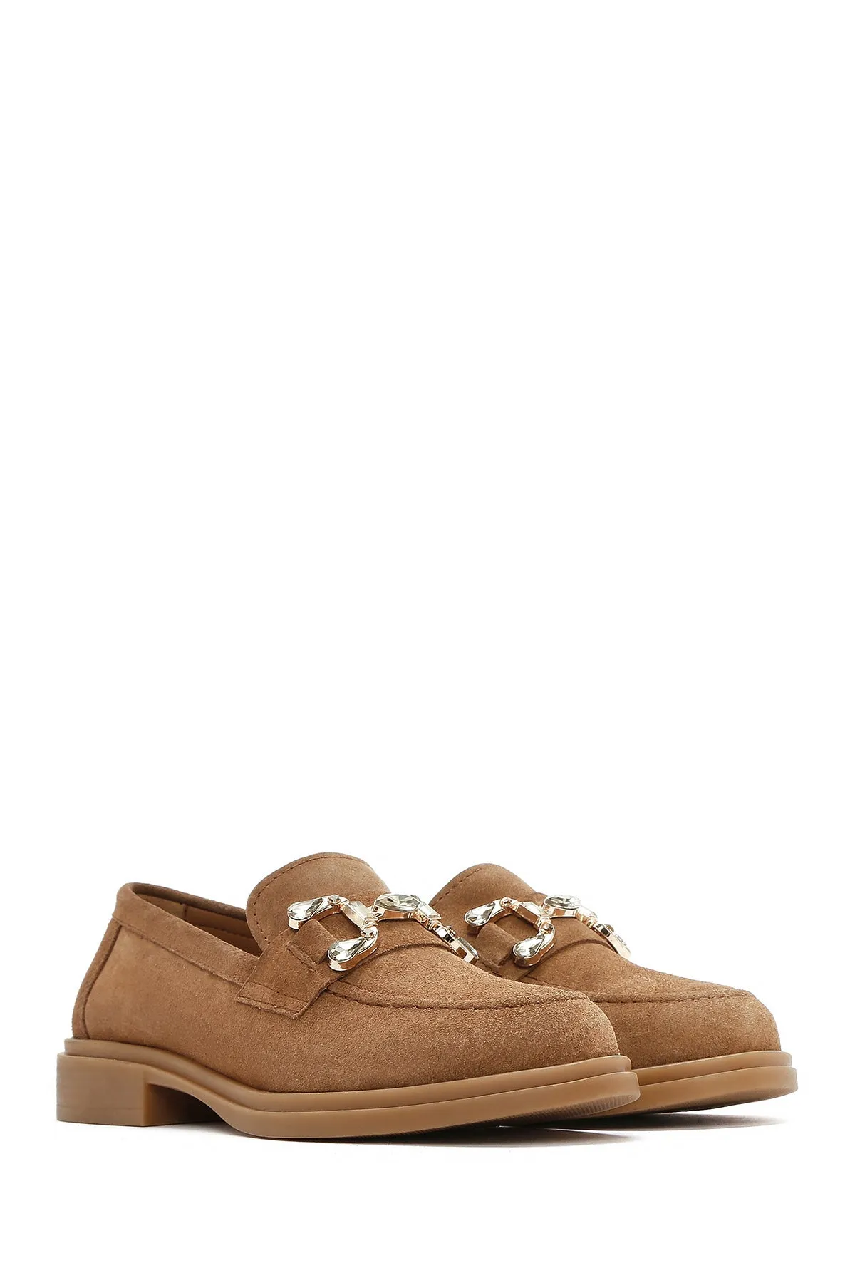 Kadın Taba Taşlı Süet Deri Maskülen Loafer