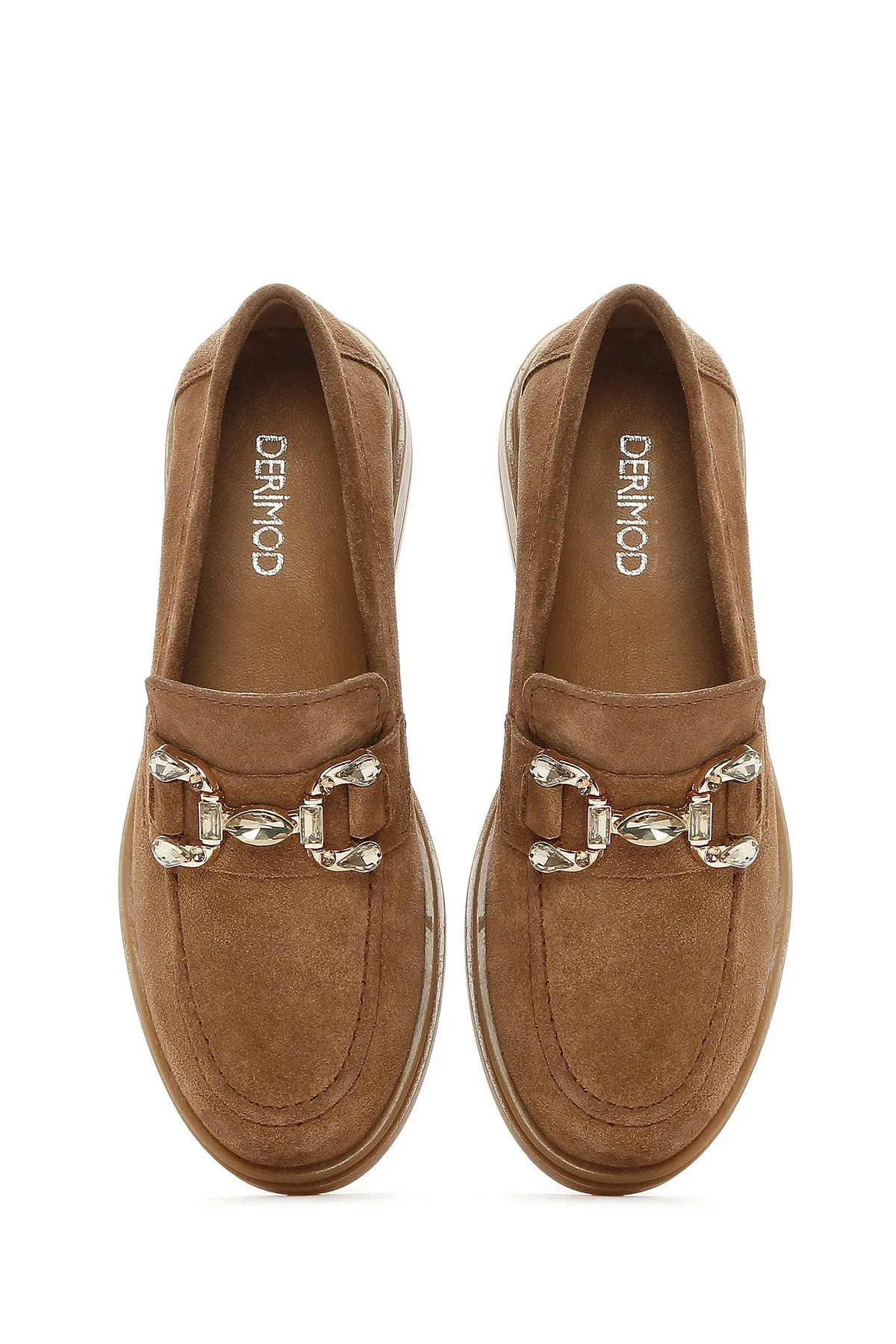 Kadın Taba Taşlı Süet Deri Maskülen Loafer