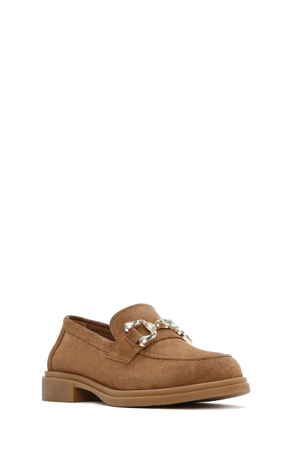 Kadın Taba Taşlı Süet Deri Maskülen Loafer