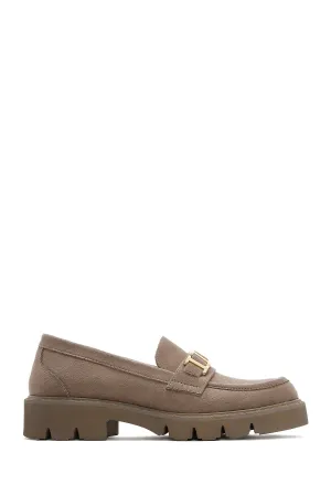 Kadın Vizon Tokalı Süet Maskülen Loafer