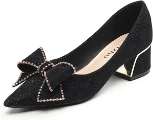 KCTRFSJ Women's Rhinestones Bowknot Chunky Heel Pumps Shoes,Fashion Closed Pointed Toe Low Block Heels,Comfortable Non-Slip Slip-on Dress Wedding Shoes