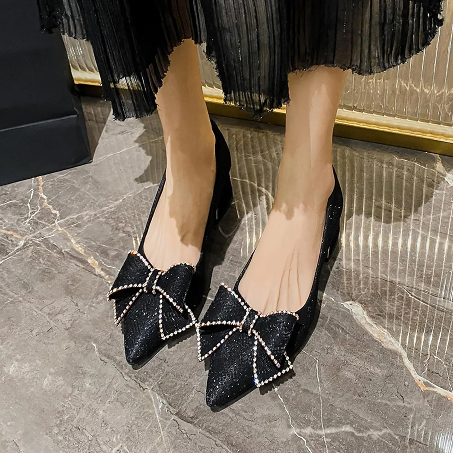 KCTRFSJ Women's Rhinestones Bowknot Chunky Heel Pumps Shoes,Fashion Closed Pointed Toe Low Block Heels,Comfortable Non-Slip Slip-on Dress Wedding Shoes