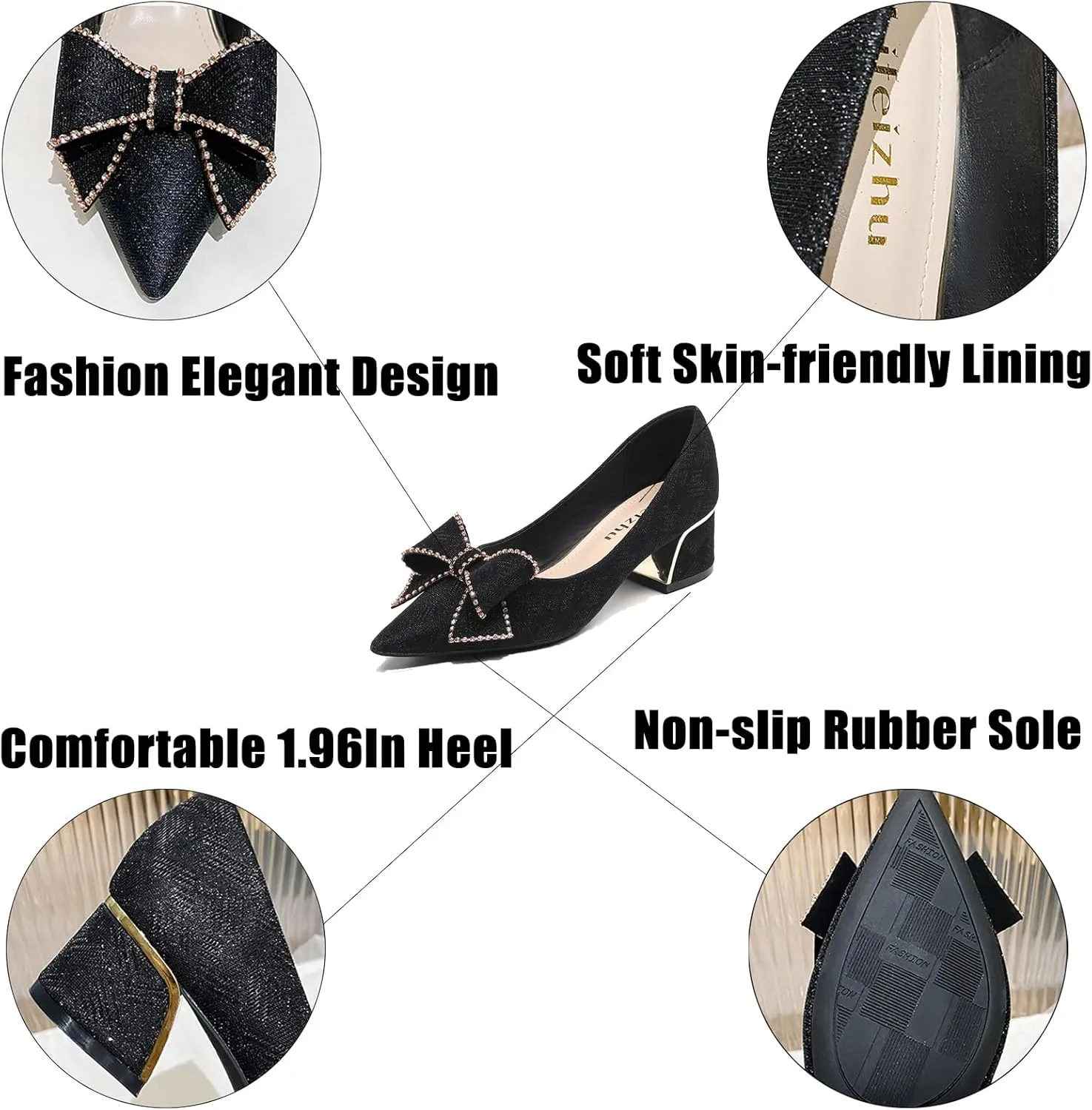 KCTRFSJ Women's Rhinestones Bowknot Chunky Heel Pumps Shoes,Fashion Closed Pointed Toe Low Block Heels,Comfortable Non-Slip Slip-on Dress Wedding Shoes