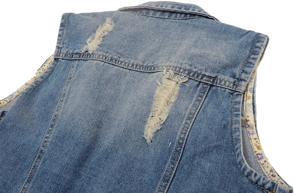 Kedera Womens Denim Jean Vest Classic Junior Button Up Cropped Distressed Sleeveless Jean Jacket
