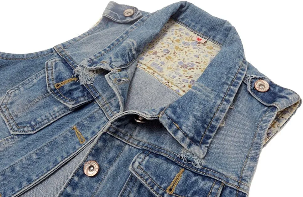Kedera Womens Denim Jean Vest Classic Junior Button Up Cropped Distressed Sleeveless Jean Jacket