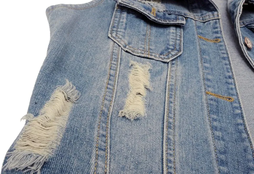 Kedera Womens Denim Jean Vest Classic Junior Button Up Cropped Distressed Sleeveless Jean Jacket