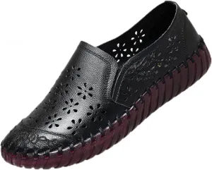 Keilinia Women's Leather Loafers Slip-on Casual Shoes,Comfort Hollow Breathe Hand-Stitching Non-Slip Ox Softsole Walking Flats