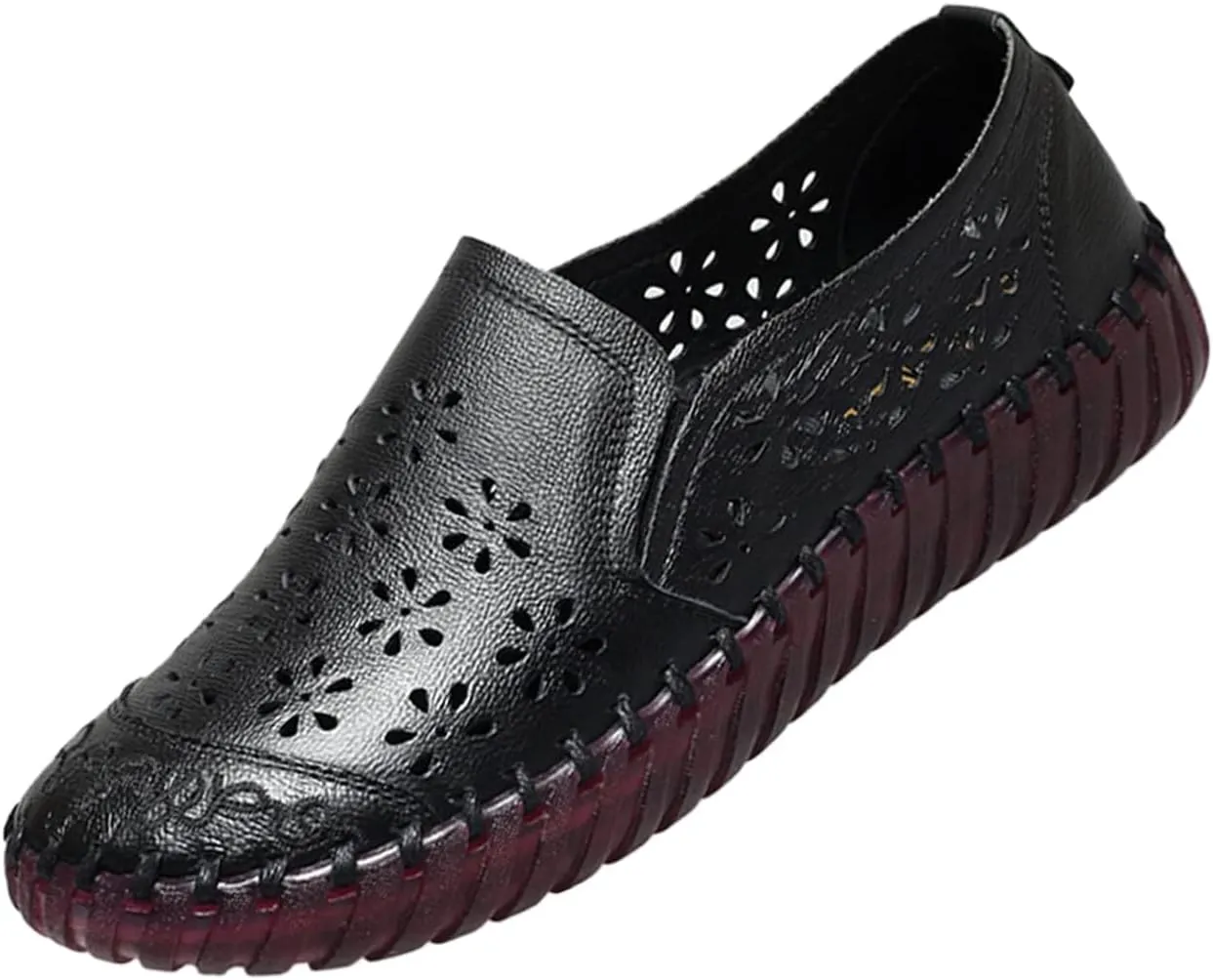 Keilinia Women's Leather Loafers Slip-on Casual Shoes,Comfort Hollow Breathe Hand-Stitching Non-Slip Ox Softsole Walking Flats