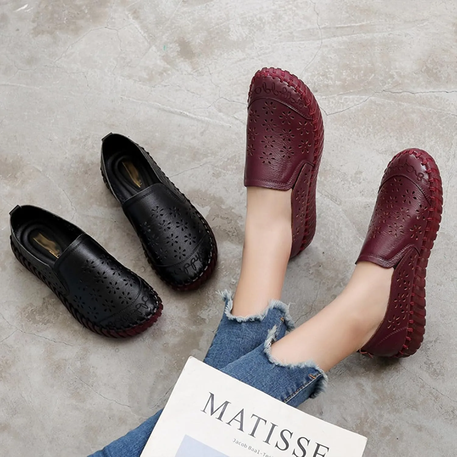 Keilinia Women's Leather Loafers Slip-on Casual Shoes,Comfort Hollow Breathe Hand-Stitching Non-Slip Ox Softsole Walking Flats