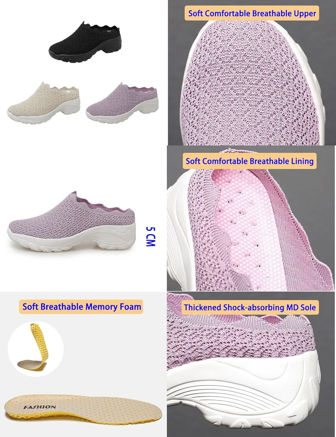 Keilinia Women's Orthopedic Stretch Cushion Mules,Lightweight Comfy Breathe Mesh Antiskid Wedge Walking Clogs Shoes Sneakers