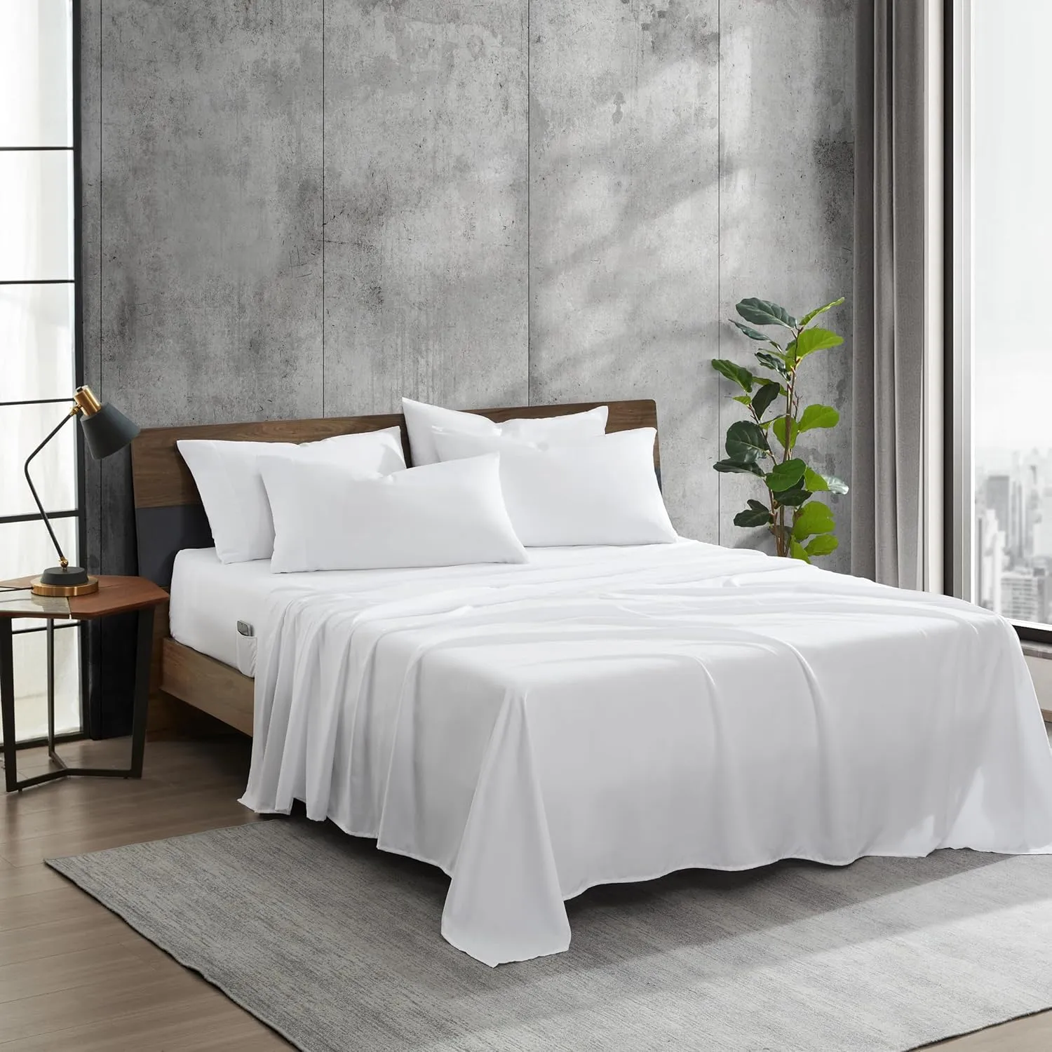 Kenneth Cole - Solutions Queen Sheets, Soft Recycled Polyester 6-Piece Bedding Set, Wrinkle-Resistant and Cooling Finish (Solid White, Queen)